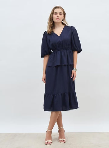 Solid V Neck Peplum Style A-Line Midi Dress