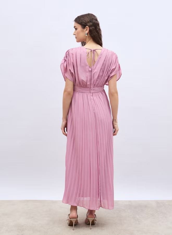 Solid Ruched Extended Sleeves Pleated A-Line Maxi Dress