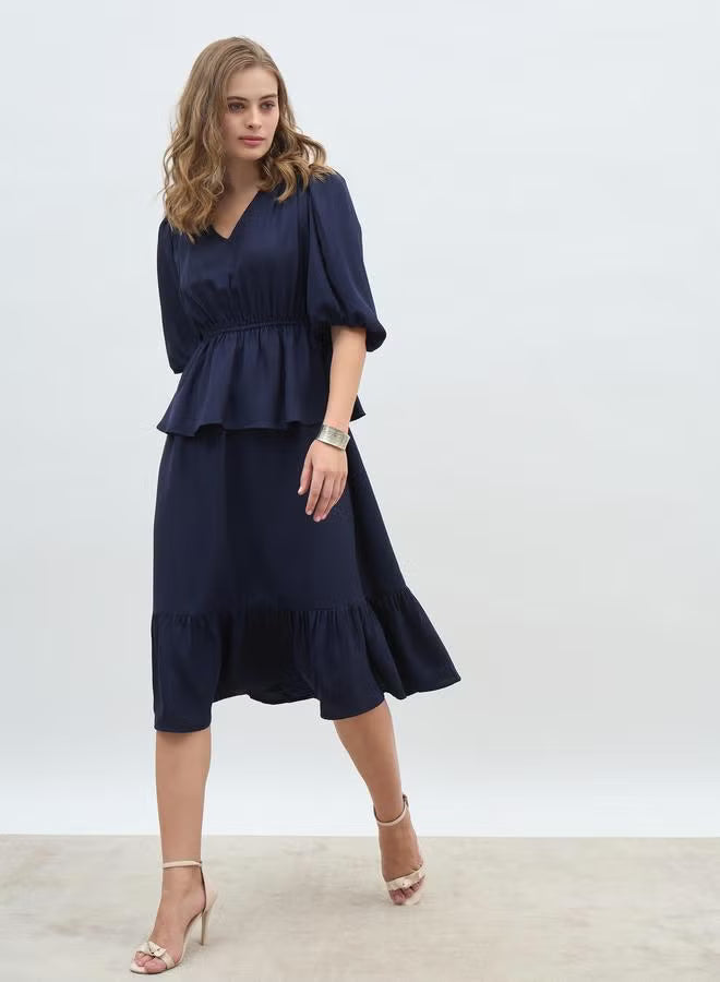 Solid V Neck Peplum Style A-Line Midi Dress