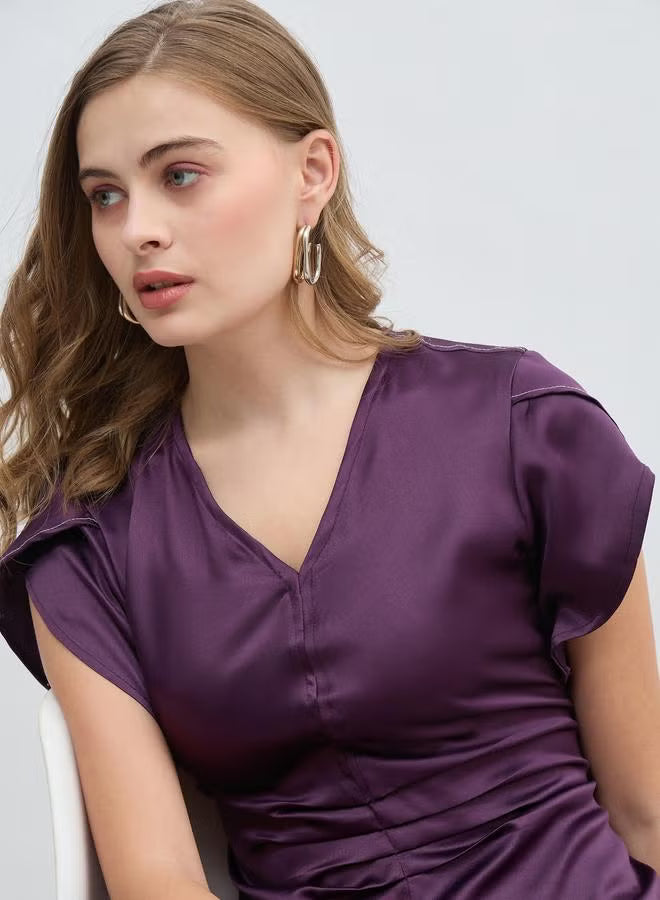 Women Purple Solid Petal Sleeves A-Line Midi Dress