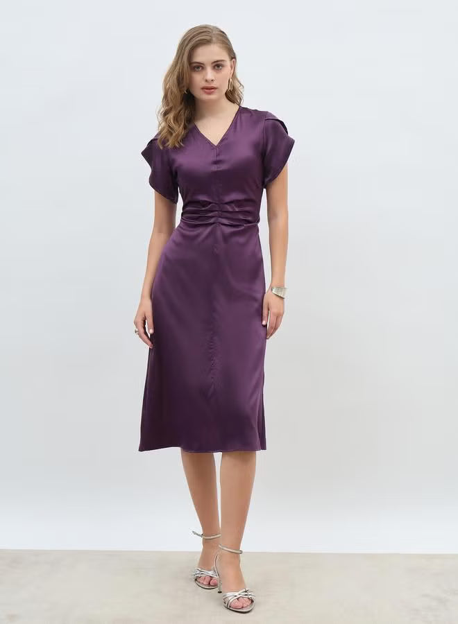 Women Purple Solid Petal Sleeves A-Line Midi Dress