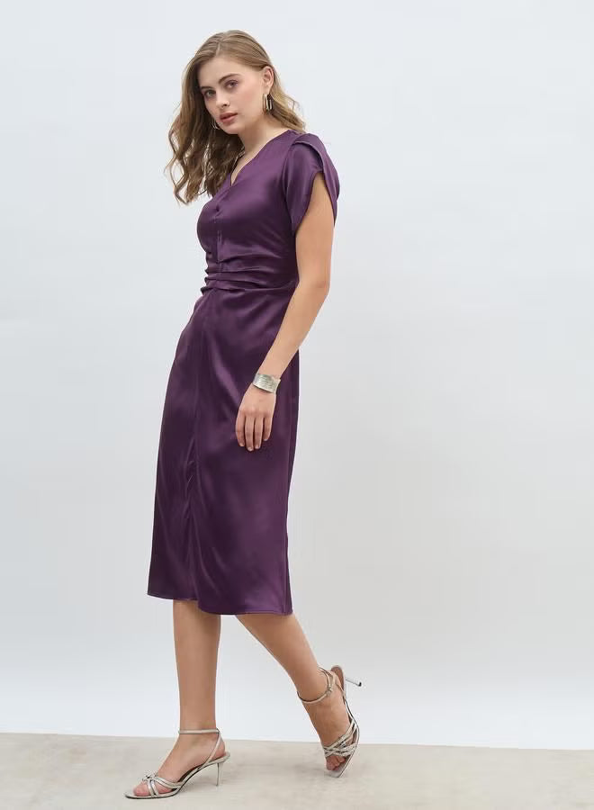 Women Purple Solid Petal Sleeves A-Line Midi Dress