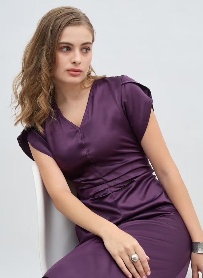 Women Purple Solid Petal Sleeves A-Line Midi Dress